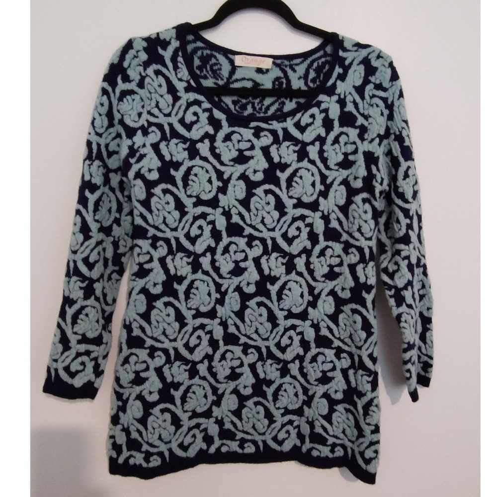 Orange Fashion Village Blue Floral Damask Knit Sweater Scoop Neck Long Sleeve